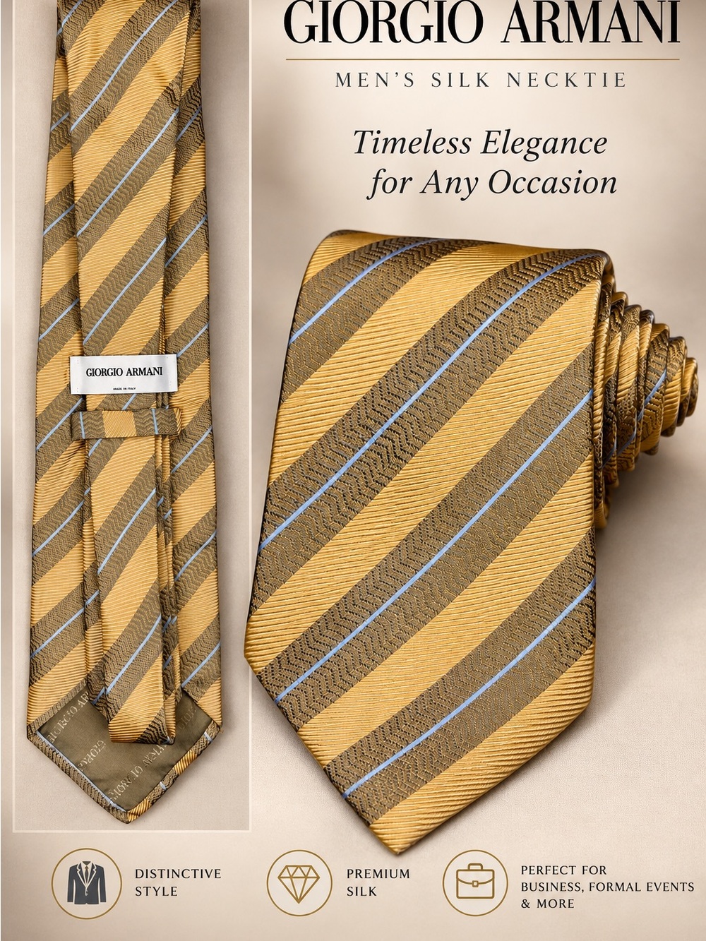 Giorgio Armani Men's Silk Necktie in Gold and Brown Stripes / Baby Blue Accents